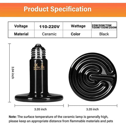 3PCS Reptiles Far Infrared Heating Bulb 220V/110V 25W 50W 75W 100W E27 Black Ceramic Heat Lamp for Turtle Snake Chameleon
