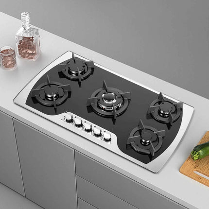 Al-alloy Gas Cooktop with 5 Burners with Tempered Glass Built-in Installation for Domestic or Commercial Cooking