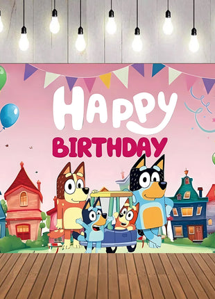 Sfondo in Tessuto per Feste di Compleanno a Tema Bluey, Decorazione Murale per Bambini e Ragazzi
