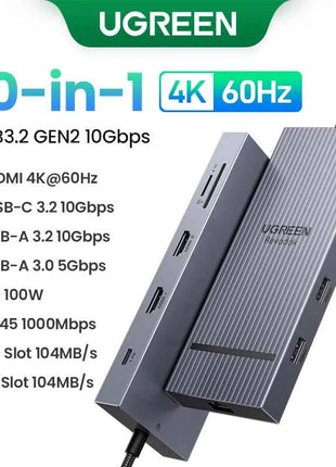 UGREEN USB HUB 4K120Hz DP Type-C to 4K60Hz 2xHDMI SD/TF RJ45 3.5mm USB3.2 Gen2 10Gbps Data for Laptop Dell HP Lenovo Accessories