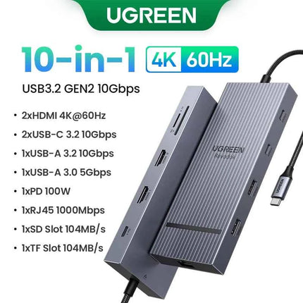 UGREEN USB HUB 4K120Hz DP Type-C to 4K60Hz 2xHDMI SD/TF RJ45 3.5mm USB3.2 Gen2 10Gbps Data for Laptop Dell HP Lenovo Accessories