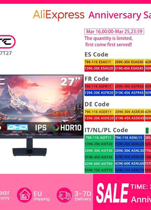 KTC H27T27 Gaming Monitor, 27" 2560x1440 IPS Screen, 100Hz Refresh Rate, HDR10 1ms Response Time,  Low Blue Light & Flicker-Free