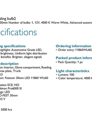 Philips Ultinon Pro6000 LED C5W Festoon 30mm 4000K White Auto Interior Read Dashboard License Plate Light No Error 11860WU60X1