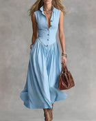 2026 Women's Summer Sleeveless Long Dress, Sexy, Button-Down Lapel, High-Waisted, Bohemian Style, Ruffled, Solid Color, for Holidays