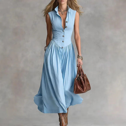 Abito lungo estivo da donna 2026 senza maniche, sexy, con bottoni e risvolto, a vita alta, stile bohémien, arricciato, tinta unita, per vacanze