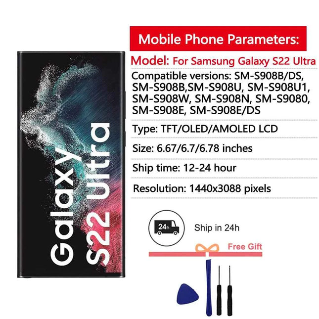 NUOVO AMOLED Per Samsung Galaxy S22 Ultra 5G Display LCD Display LCD Touch Screen Digitizer Assembly Per Samsung S22 Ultra Schermo