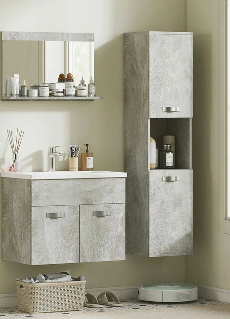 Kleankin 4-Piece Furniture Bathroom Set with 60cm Ceramic Wash Basin, Bathroom Furniture, Wooden Column and Mirror, Grey