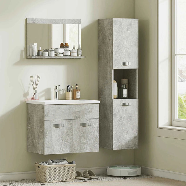 Kleankin 4-Piece Furniture Bathroom Set with 60cm Ceramic Wash Basin, Bathroom Furniture, Wooden Column and Mirror, Grey