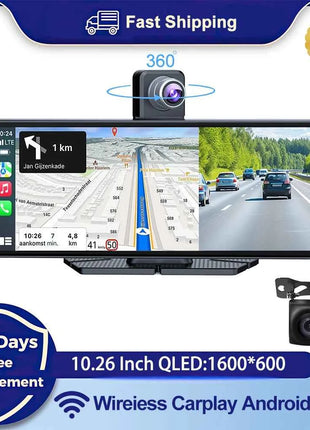 Universal 10.26" Car Intelligent 4K 360° Rotatio Car DVR Dash Cam Wireless CarPlay & Android Auto Bluetooth WIFI Rear Reversing