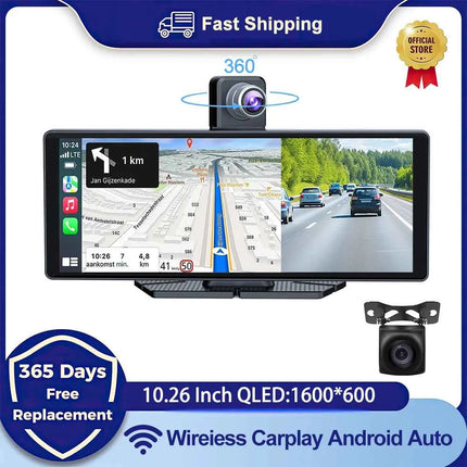 Universal 10.26" Car Intelligent 4K 360° Rotatio Car DVR Dash Cam Wireless CarPlay & Android Auto Bluetooth WIFI Rear Reversing