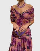 Abito da Sera Lungo Elegante con Stampa Floreale, Maniche Corte in Rete, Versatile, Stile Sirena, Aderente, Sexy con Inserti in Pizzo