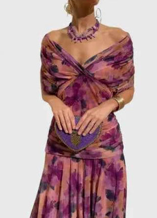 Abito da Sera Lungo Elegante con Stampa Floreale, Maniche Corte in Rete, Versatile, Stile Sirena, Aderente, Sexy con Inserti in Pizzo