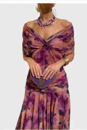 Abito da Sera Lungo Elegante con Stampa Floreale, Maniche Corte in Rete, Versatile, Stile Sirena, Aderente, Sexy con Inserti in Pizzo