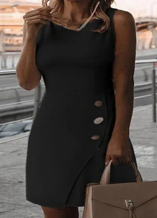 Elegant white women's short dress with round neck straps and a sexy hip-hugging fitted skirt. New sheer ribbon button mini dress.