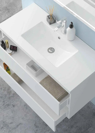 Hanging Bathroom Cabinet With Wash Basin, Width 99x44.5x52 cm, With 2 Drawers, Modern Style Bathroom Cabinet With Cushioned Closure Function, Matte White.