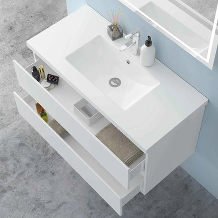 Hanging Bathroom Cabinet With Wash Basin, Width 99x44.5x52 cm, With 2 Drawers, Modern Style Bathroom Cabinet With Cushioned Closure Function, Matte White.