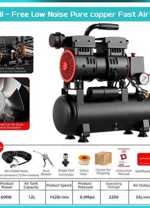 Silent Oil-Free Air Compressor 600W 1500W Portable Air Pump with 10L-160L Tank for Home Repair Tire Inflation Nail Gun
