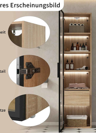 Lazyspace 5-Layer Bathroom Cabinet with LED Light Strip, Wooden Bathroom Shelf with 1 Drawers and 1 Glass Door