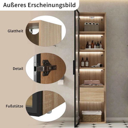 Lazyspace 5-Layer Bathroom Cabinet with LED Light Strip, Wooden Bathroom Shelf with 1 Drawers and 1 Glass Door