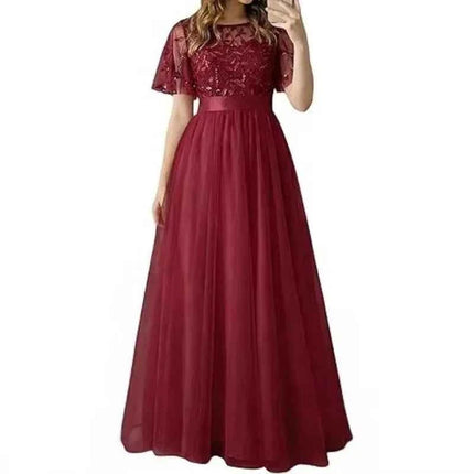 European and American Wine Red Evening Gown with Round Neck Flared Sleeves and Mesh Long Dress for Wedding 2026new Wedding Dress