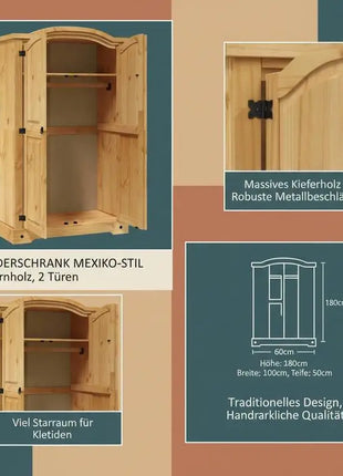 Armadio in legno di pino in stile messicano Corona, a 2 ante