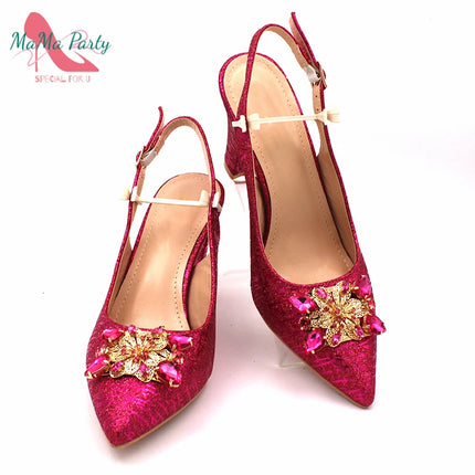 Set di Scarpe e Borsa per Donna Africana in Colore Fucsia, Design Classico Italiano di Alta Qualità con Cristalli Brillanti per Matrimoni e Feste