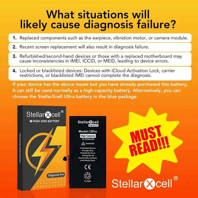 StellarXcell Diagnostic Battery show genuine part no pop up message for iphone 12mini 13Pro 14Plus 15Promax battery replacement