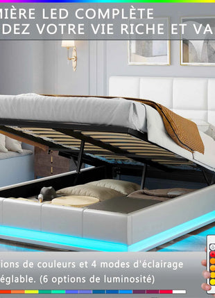 Rosahqnda Hydraulic Double Bed frame 140*190cm with LED Adjustable Headboard Storage bed 140*200cm Cushions bed PU