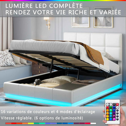 Rosahqnda Hydraulic Double Bed frame 140*190cm with LED Adjustable Headboard Storage bed 140*200cm Cushions bed PU