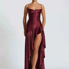 Mozision Satin Spaghetti Strap Ruffle Sexy Maxi Dress Women Off-shoulder Sleeveless Backless Thigh High Split Club Party Dress
