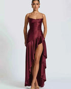 Mozision Satin Spaghetti Strap Ruffle Sexy Maxi Dress Women Off-shoulder Sleeveless Backless Thigh High Split Club Party Dress