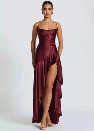 Mozision Satin Spaghetti Strap Ruffle Sexy Maxi Dress Women Off-shoulder Sleeveless Backless Thigh High Split Club Party Dress