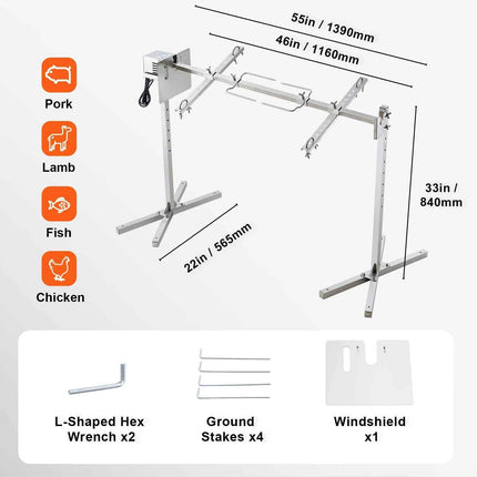 SucceBuy 46 Inch Electric BBQ Rotisserie Grill Kit Automatic 52W Motor Height Adjustable Universal Roaster Stand