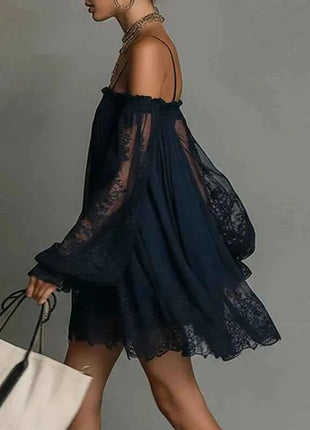 Abito Corto Sexy da Donna con Pizzo e Spalle Scoperte, Maniche Lunghe a Sbuffo, Stile Bohemien, per Primavera/Estate, Ideale per Feste in Spiaggia