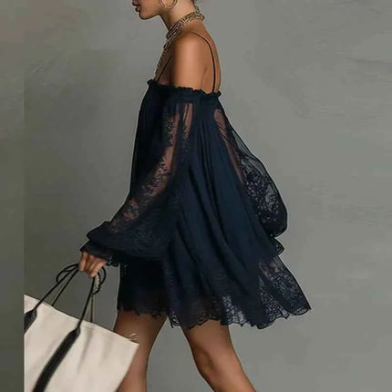 Abito Corto Sexy da Donna con Pizzo e Spalle Scoperte, Maniche Lunghe a Sbuffo, Stile Bohemien, per Primavera/Estate, Ideale per Feste in Spiaggia
