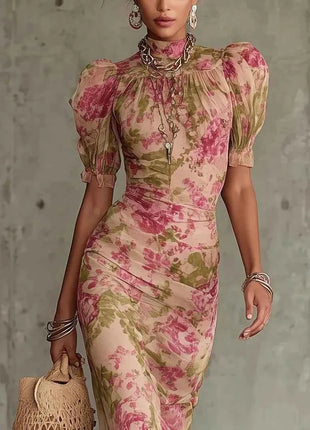 Abito da Sera Lungo Elegante con Stampa Floreale, Maniche Corte in Rete, Versatile, Stile Sirena, Aderente, Sexy con Inserti in Pizzo