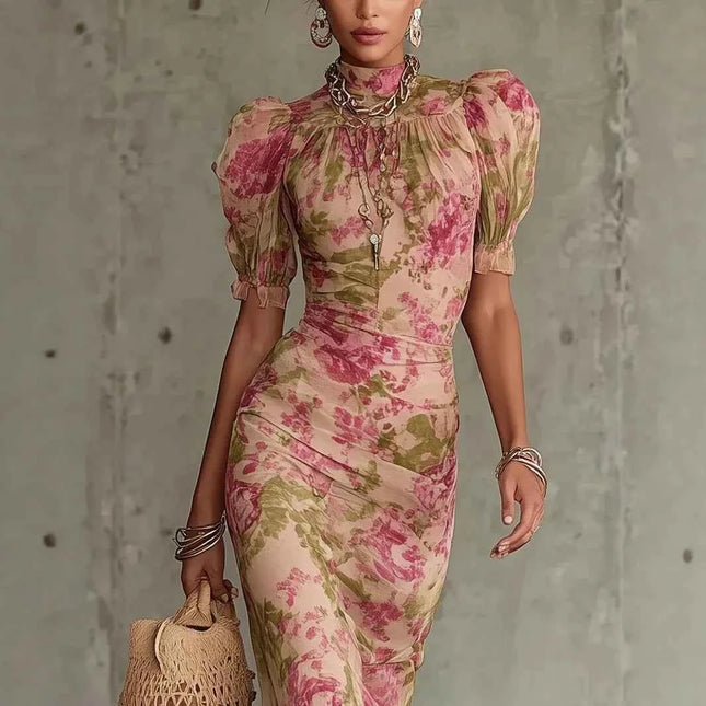 Abito da Sera Lungo Elegante con Stampa Floreale, Maniche Corte in Rete, Versatile, Stile Sirena, Aderente, Sexy con Inserti in Pizzo