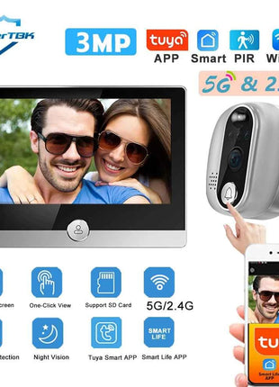 Videocitofono WiFi 3MP 5GHz 2.4GHz con Telecamera Spioncino 1080P Tuya Smart Life, Rilevamento Movimento PIR, Batteria 5000mAh e Visione Notturna IR