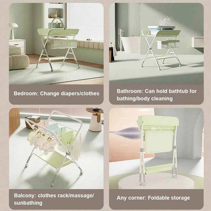 Baby Changing Table With Wheels, Portable Adjustable Height Folding Diaper Station With Nursery Organizer & Storage Rack