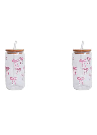 Set Bicchieri in Vetro con Fiocco Coperchio e Cannuccia per Casa Picnic Colazione e Feste