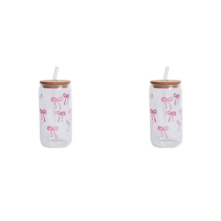 Set Bicchieri in Vetro con Fiocco Coperchio e Cannuccia per Casa Picnic Colazione e Feste