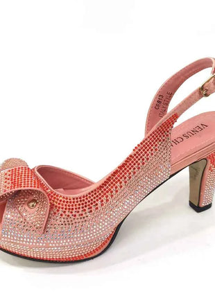 Venus Chan Il più nuovo stile INS color pesca strass eleganti tacchi alti Nigeria design popolare set di scarpe e borse da donna africane