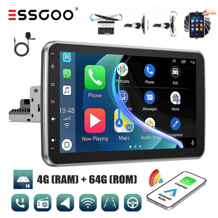 ESSGOO 10.1" 1 DIN Android 14 4+64G CarPlay Universal Android Auto Car Radio Rotatable Screen Multimedia RDS FM BT WiFi GPS Navi