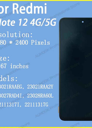 6.67" AMOLED For Xiaomi Redmi Note 12 4G 5G LCD Display Touch Screen Digitizer For Redmi Note 12 LCD 22111317G 23028RA60L Screen