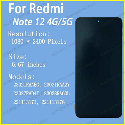 6.67" AMOLED For Xiaomi Redmi Note 12 4G 5G LCD Display Touch Screen Digitizer For Redmi Note 12 LCD 22111317G 23028RA60L Screen