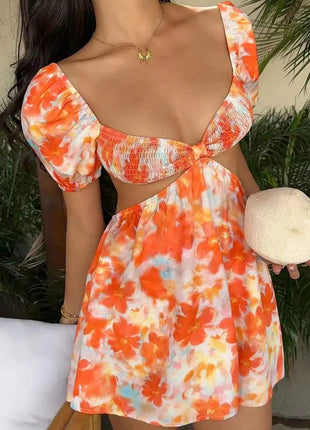 Mini Abito Donna Tie-Dye Stampa Floreale Maniche a Sbuffo Abito da Festa Primavera Estate S-XL