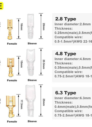 Kit di terminali a crimpare da 2.8/4.8/6.3mm, connettori a forcella maschio/femmina in rame con guaina isolante, scatola di connettori elettrici