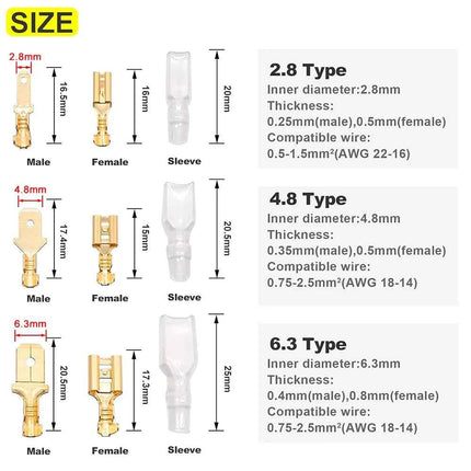 Kit di terminali a crimpare da 2.8/4.8/6.3mm, connettori a forcella maschio/femmina in rame con guaina isolante, scatola di connettori elettrici