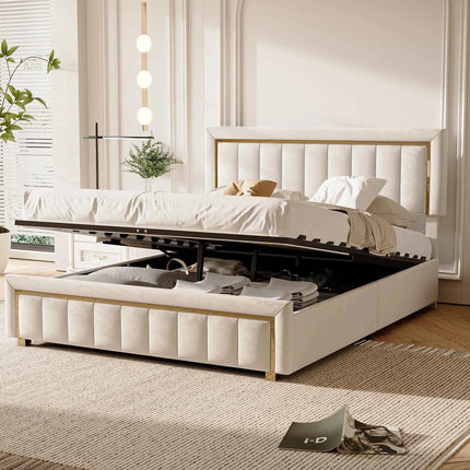 Comanlai 140x200cm Upholstered Bed, Hydraulic Bed with Storage Space and Vertical Stripes, Gold-Plated Edging, Velvet, Off-white
