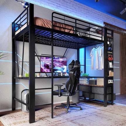KOMHTOM High Bed 90x200cm Iron frame with desk LED bar USB + TYPE-C socket 4 drawers